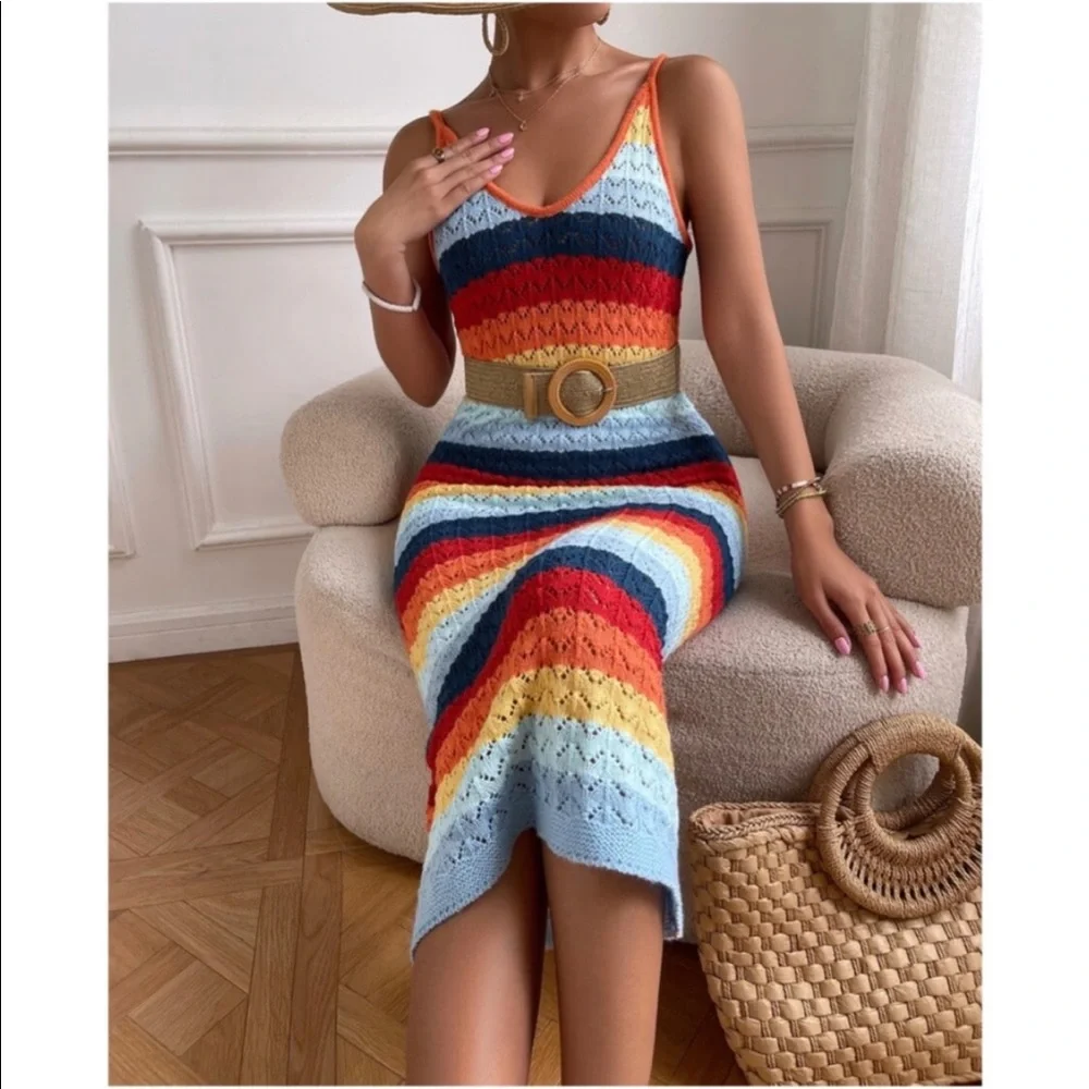 Boho Rainbow Color Block Knit Cami Dress NO BELT - Picture 3 of 7
